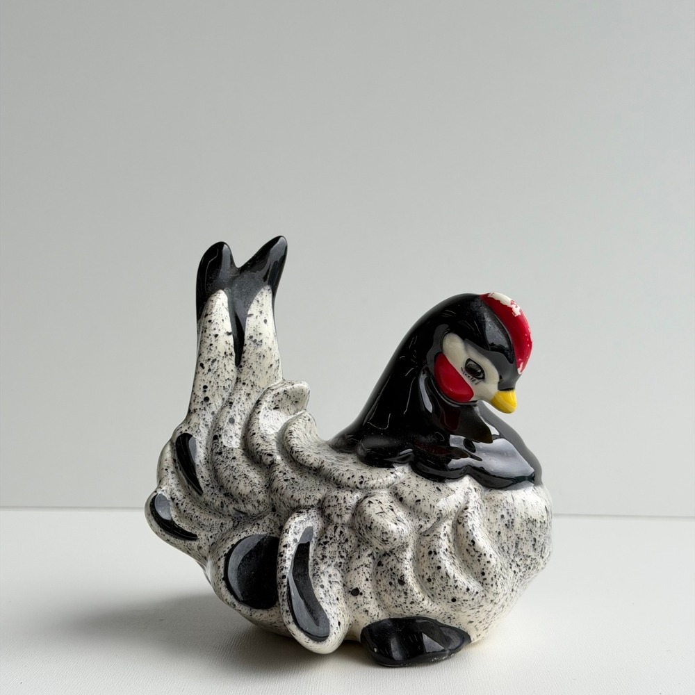 Vintage Speckle Glazed Hen Chicken Figurine Ceramic Folk Art Farm Signed Evaun